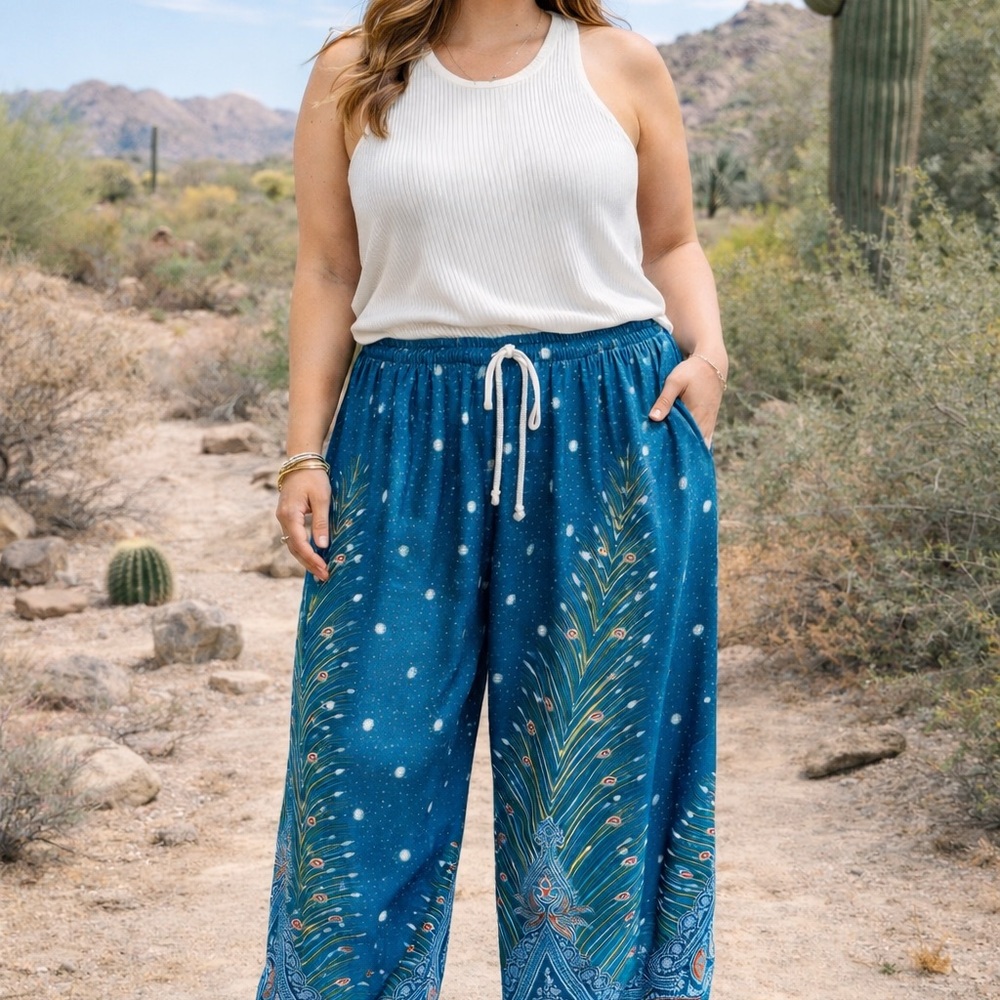 Boho Teal Wide-Leg Pants
